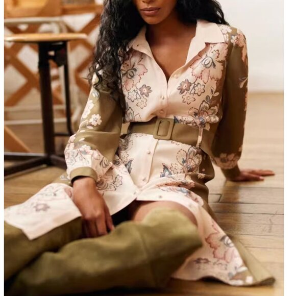 Sezane Tatiana Midi Shirt Dress Rama Kaki Floral French Elegant Casual FR40/US8 - Picture 3 of 9